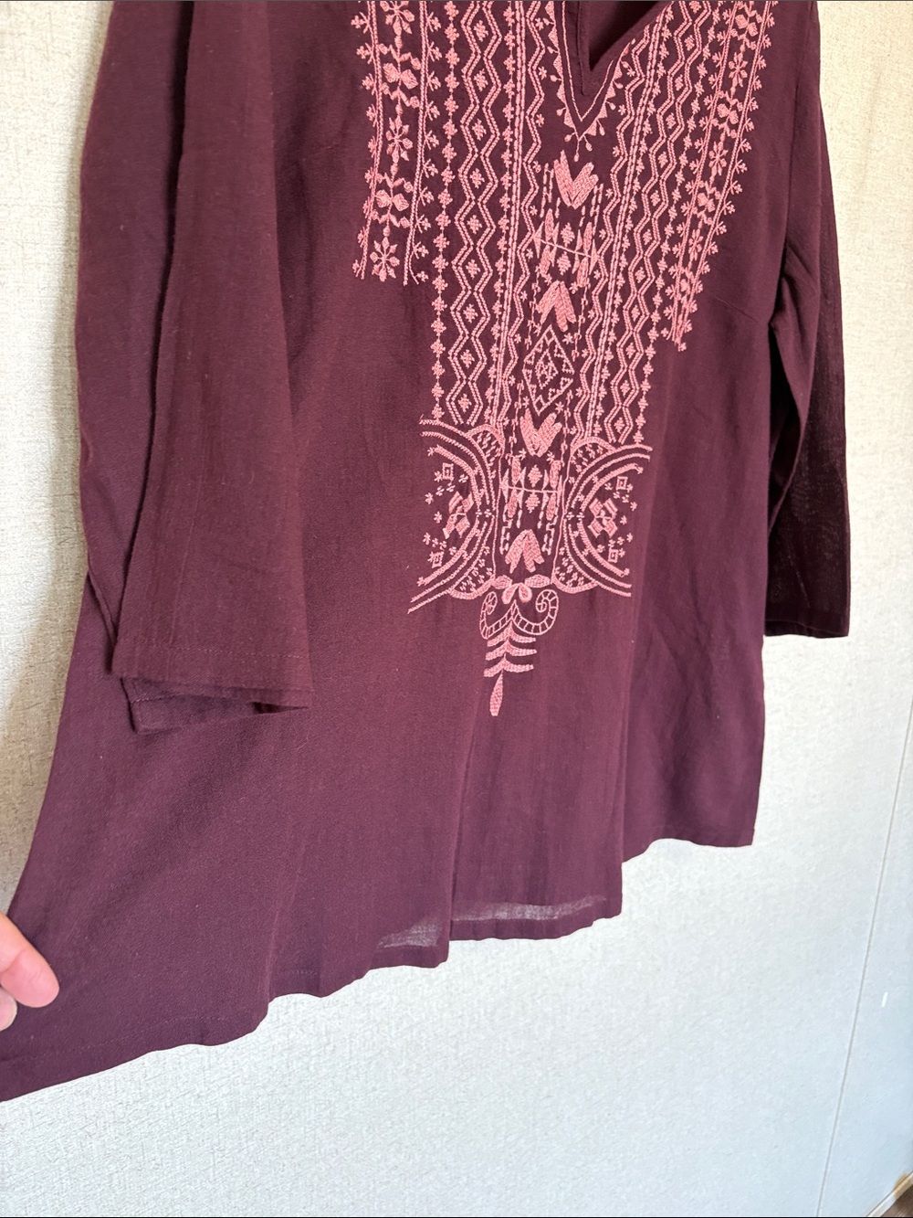 Pure Jill Embroidered Pullover Tunic 3/4 Sleeve Plum Sz L Cotton Boho Peasant - Picture 11 of 12